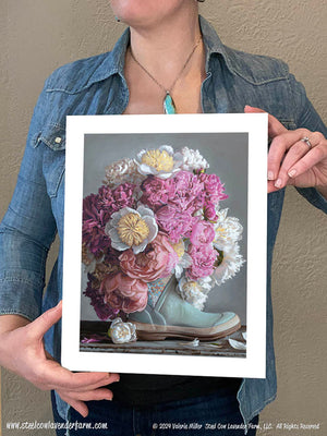 Peonies in a Muck Boot Art Print