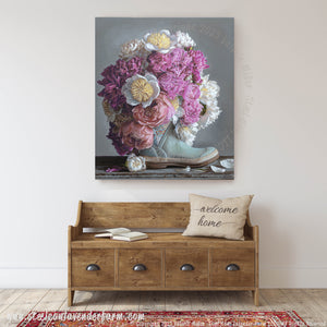 Peonies in a Muck Boot Art Print