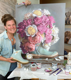 Peonies in a Muck Boot Art Print