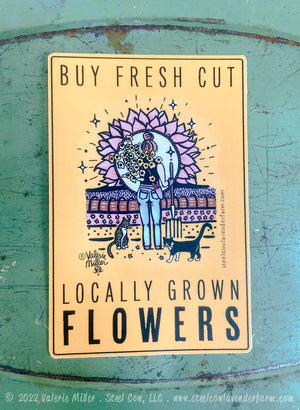 Flower Farm Sticker:  What a fun way to adorn your cooler, water bottle or other special item!  Flower Farmers - this sticker looks awesome on your buckets and holds up to washing!  These  3"x4" vinyl stickers are high quality and from Valerie Miller's original artwork from the zinnias, cosmos, dahlias and other flowers she and her family grow on their Iowa flower farm.