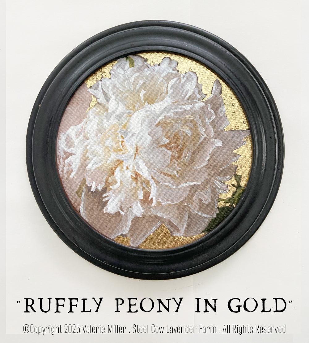 WHITE RUFFLY PEONY IN GOLD
