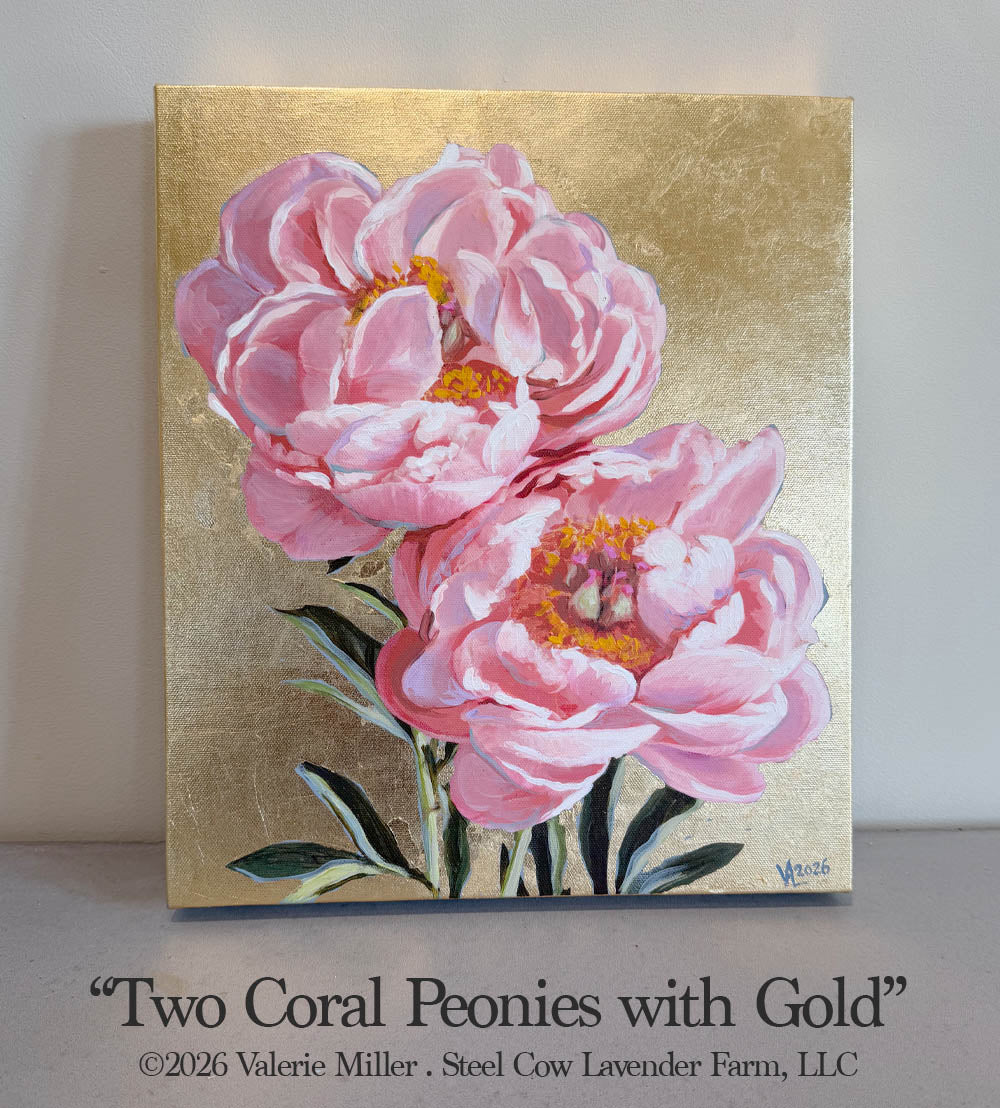 Two Coral Peonies with Gold Original Painting