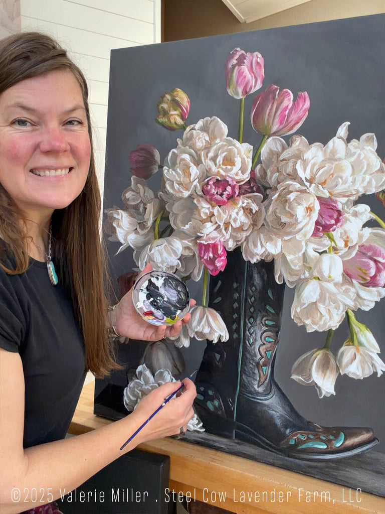 Flowers in a Black Cowboy Boot Original Painting - Steel Cow