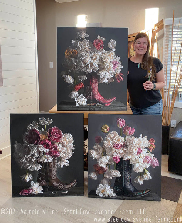 Flowers in a Black Cowboy Boot Original Painting - Steel Cow