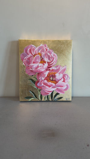 Two Coral Peonies with Gold Original Painting
