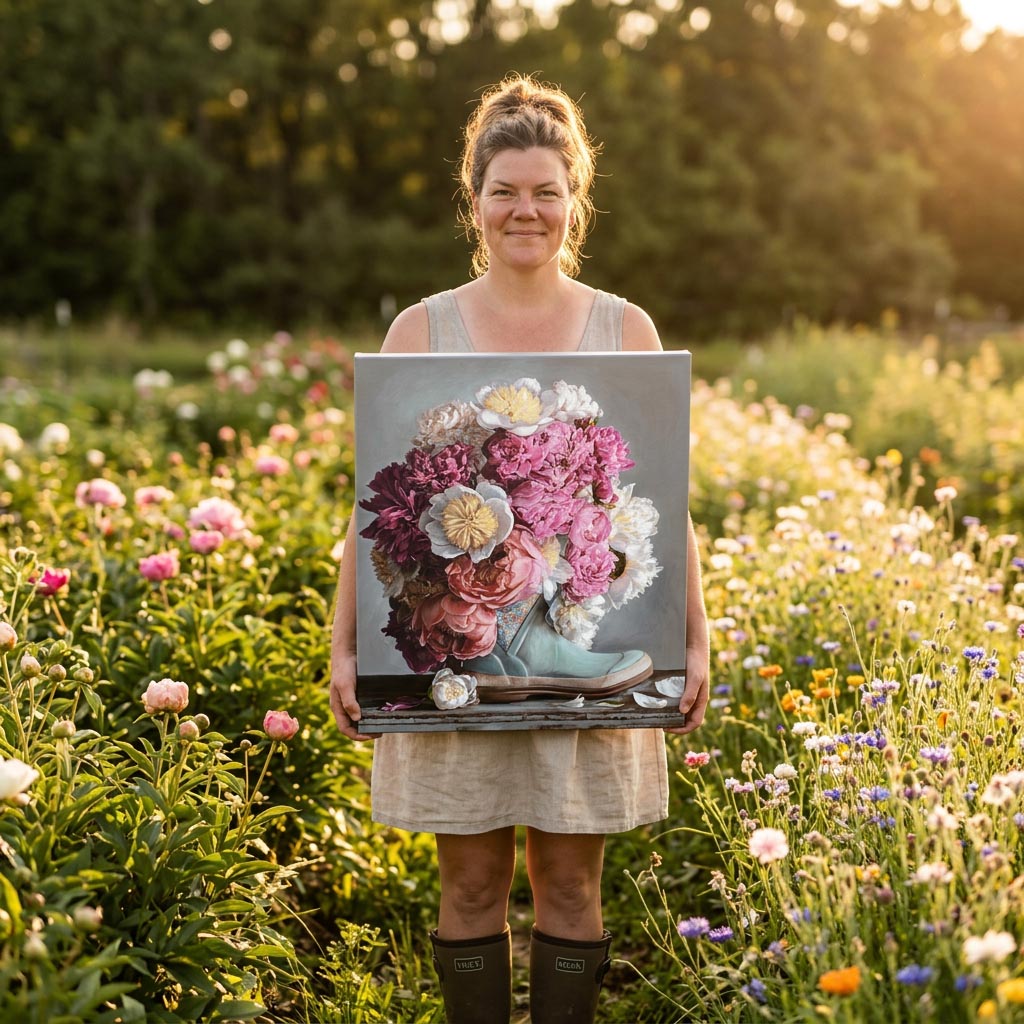 Peonies in a Muck Boot Art Print