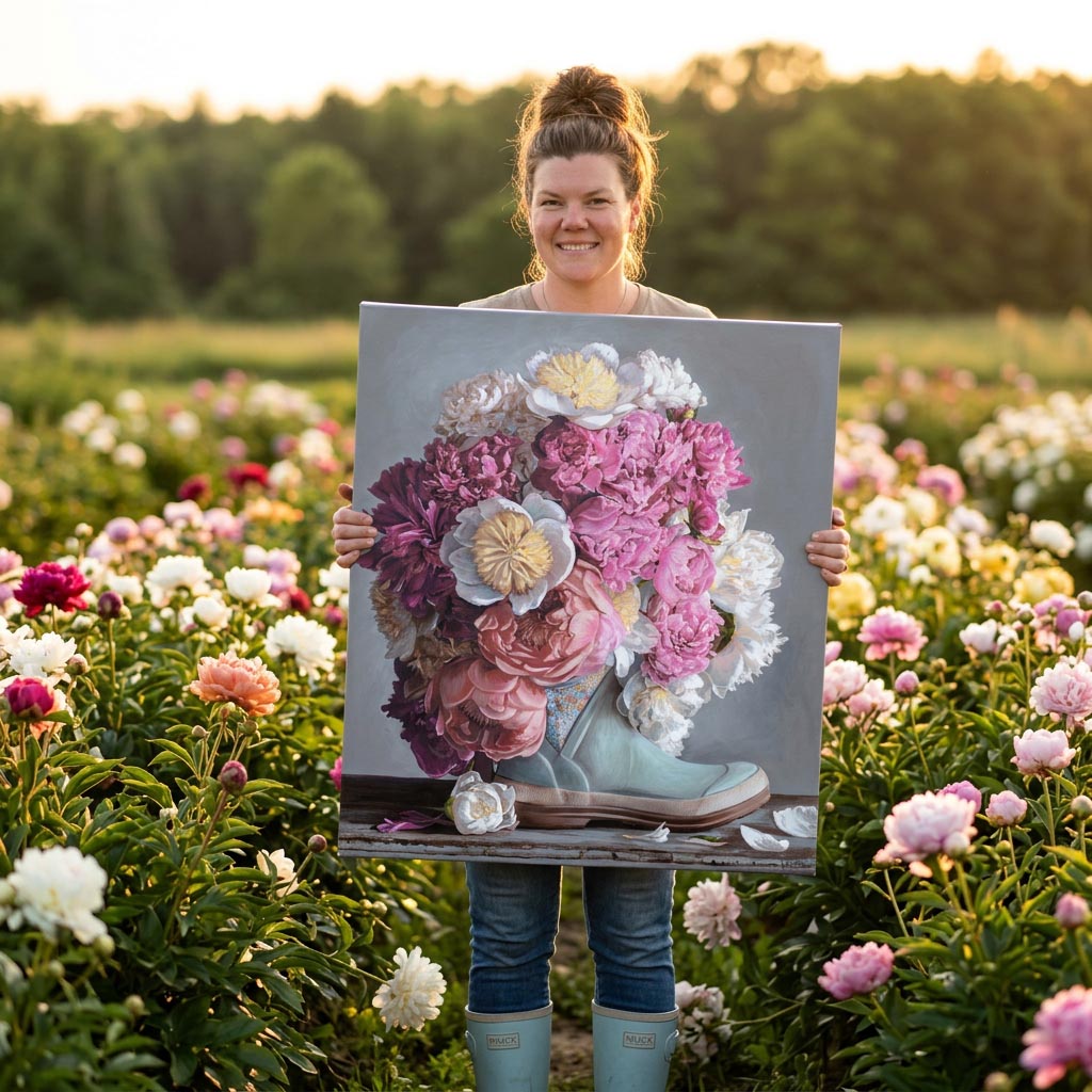 Peonies in a Muck Boot Art Print
