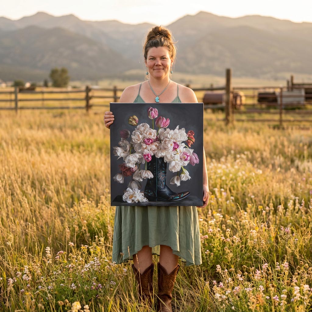 Flowers in a Black Cowboy Boot