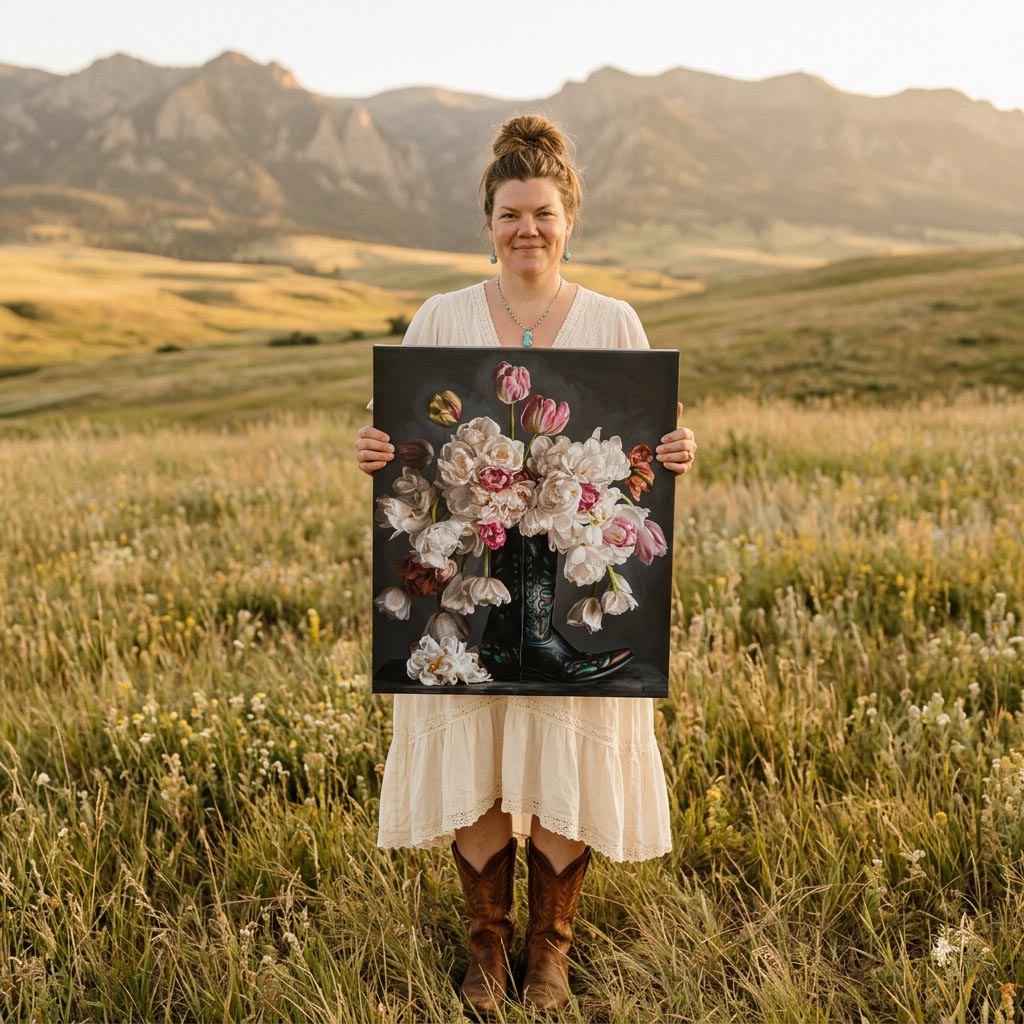 Flowers in a Black Cowboy Boot