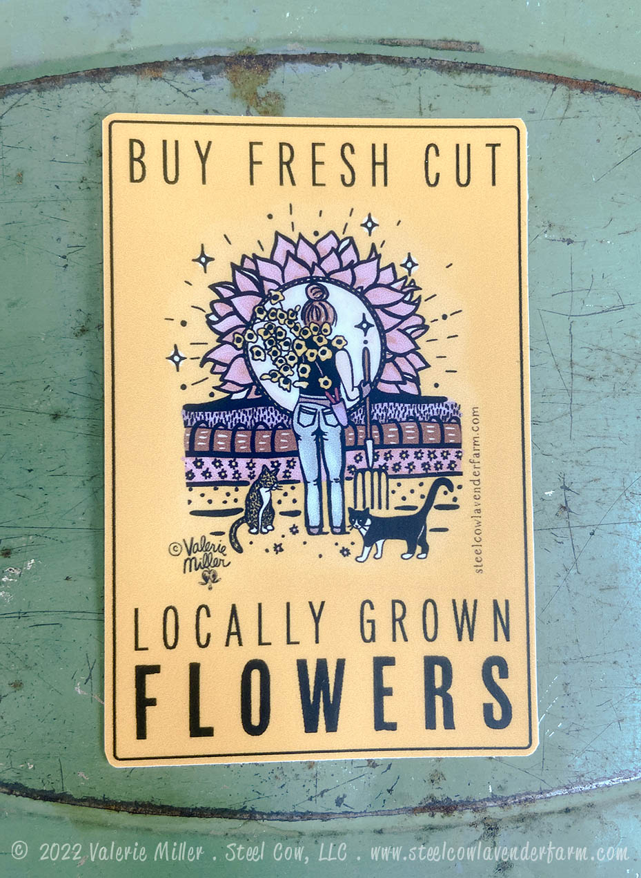 Flower Farm Sticker:  What a fun way to adorn your cooler, water bottle or other special item!  Flower Farmers - this sticker looks awesome on your buckets and holds up to washing!  These  3&quot;x4&quot; vinyl stickers are high quality and from Valerie Miller&#39;s original artwork from the zinnias, cosmos, dahlias and other flowers she and her family grow on their Iowa flower farm.